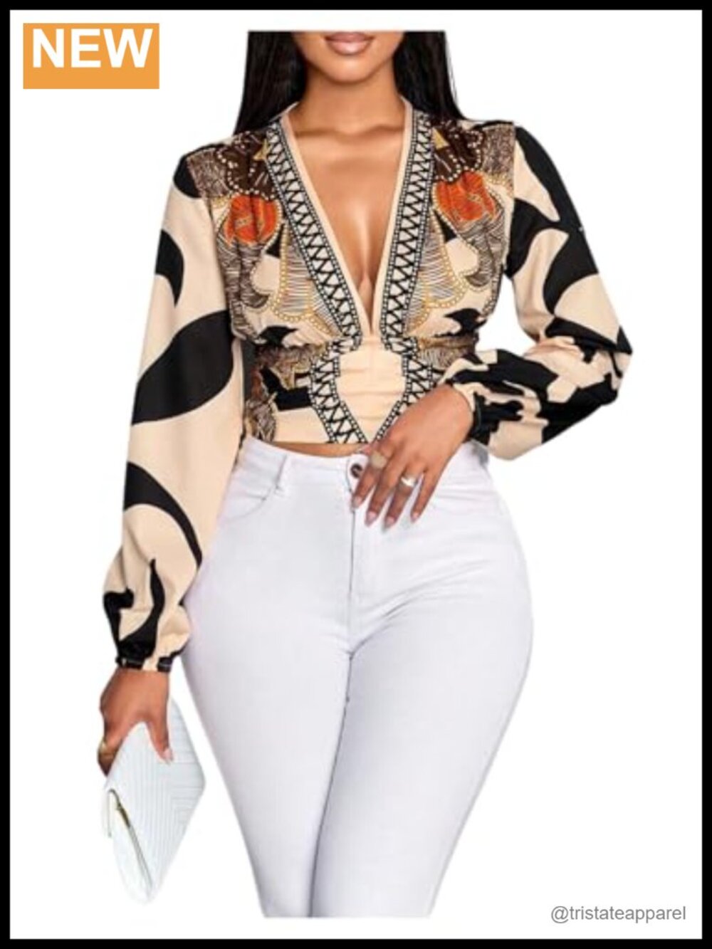 Boho Floral Print Deep V Neck Long Sleeve Blouson Top Womens Dressy Casual